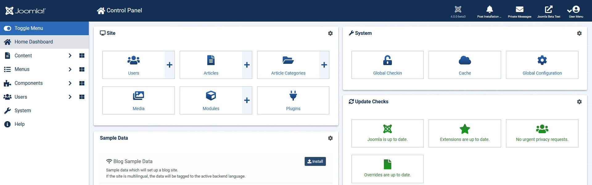 Brand new dashboard of Joomla 4