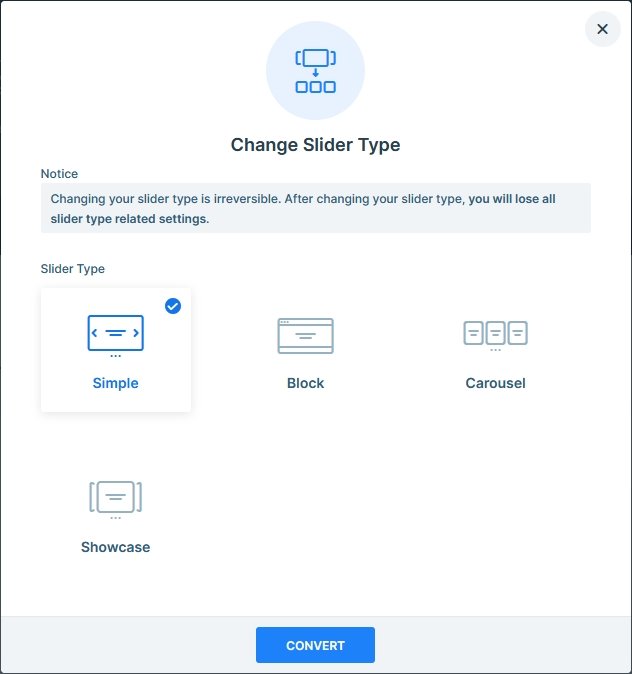 Available slider types in Smart Slider 3: Simple, Block, Carousel and Showcase