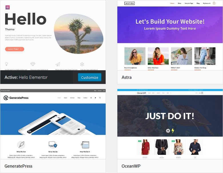 Best themes for Elementor: Hello Elementor, Astra, OceanWP, GeneratePress