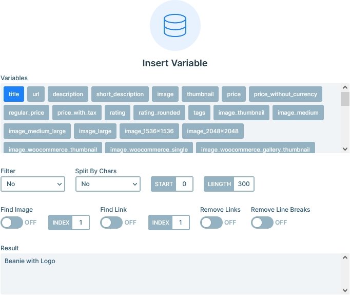 Variable functions, such as Split text or Find image