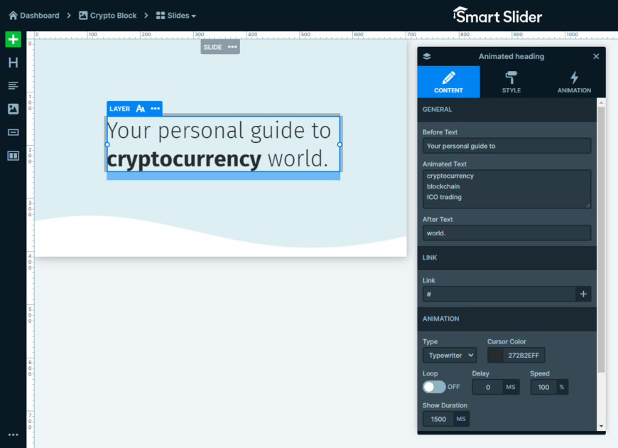 Animated Heading layer settings in Smart Slider.