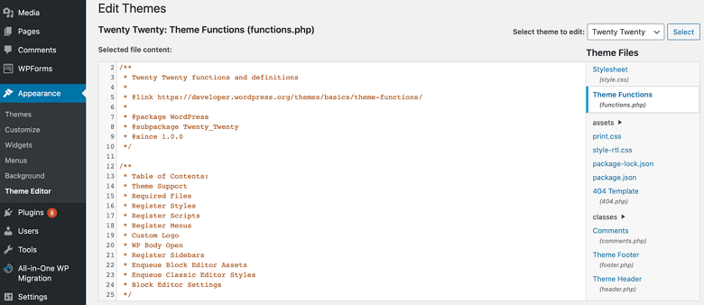 Editing the functions.php of the theme